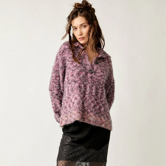 NWOT Free People Stella Collar Sweater In Shocking Pink - Picture 1 of 11